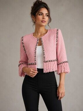Area NYC Size 6 Pink Lurex-tweed Crystal-dome Trim Fringed Cropped Jacket #A